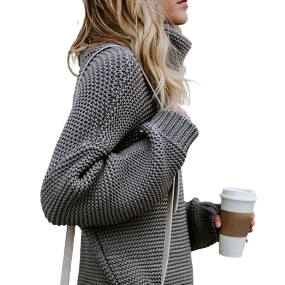 High Collar Ribbed Cuffs Gray Relaxed Knit Sweater 65% Cotton / 35% Polyester L - Picture 2 of 6